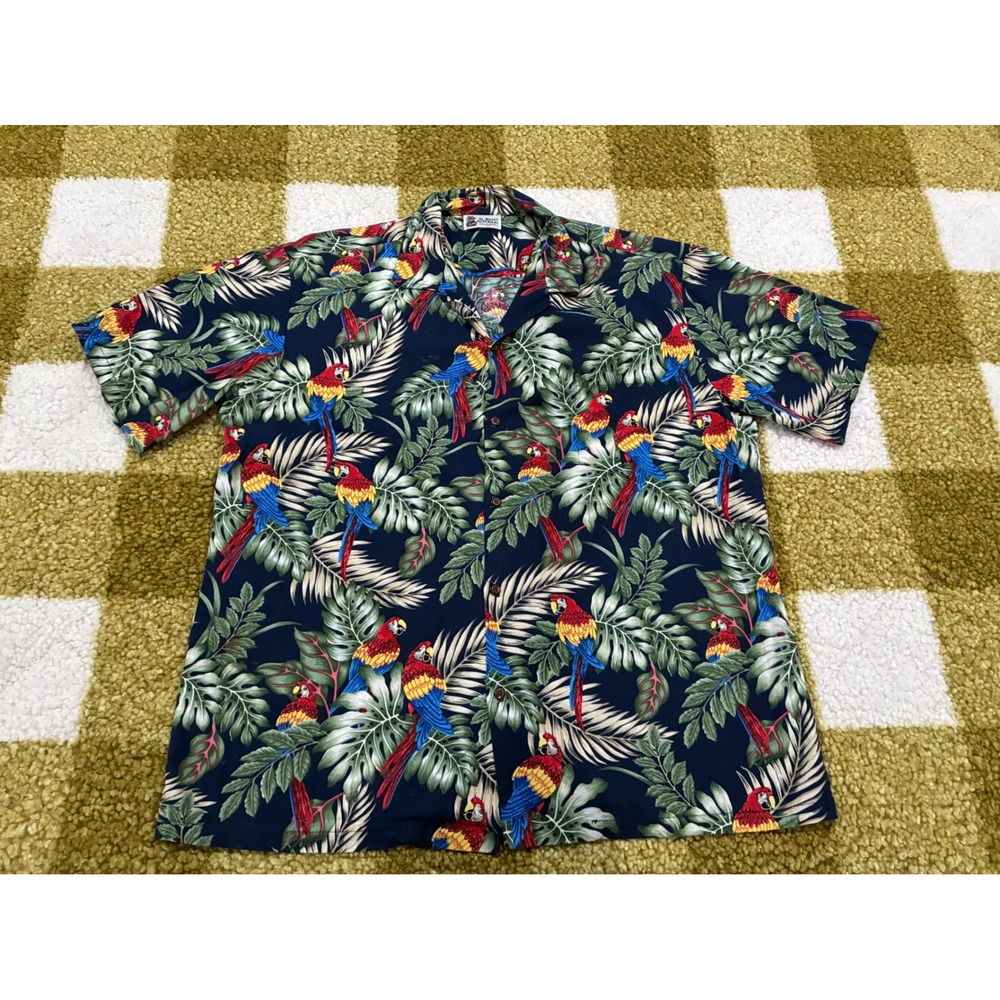 Aloha Republic Mens XL Hawaiian Shirt Navy Blue Parrot Tropical Cotton Hawaii